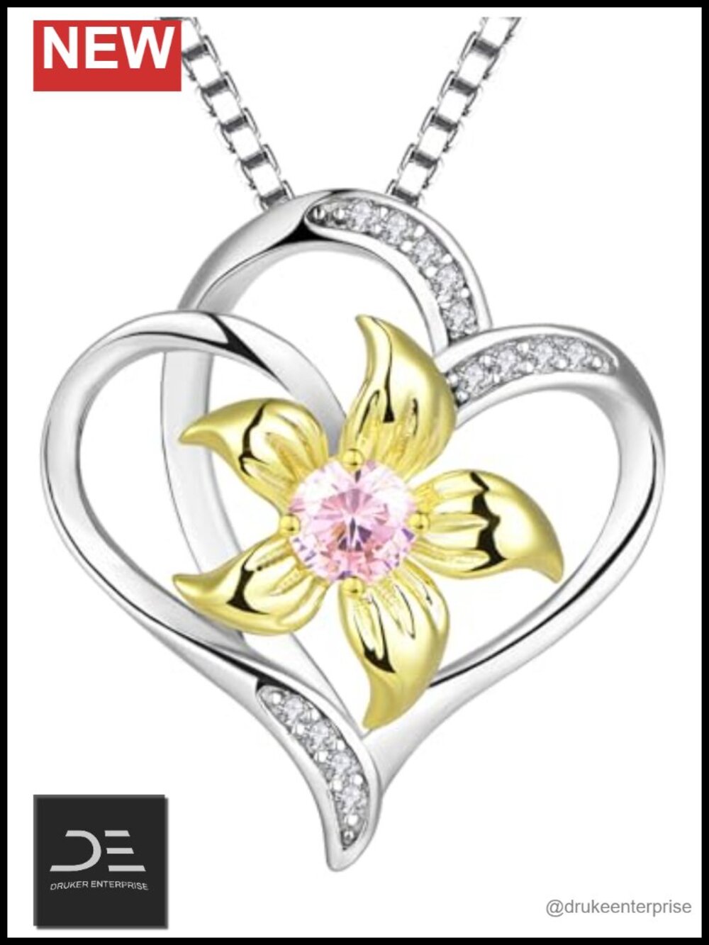 925 Sterling Silver Heart Necklace Lily Pendant Pink Tourmaline Women Jewelry